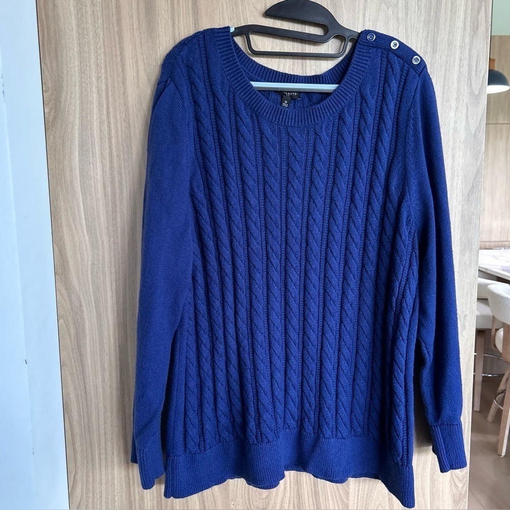 Talbots Cable Crewneck Blue Sweater Long Sleeve Buttons Cotton Plus Size 3X - Picture 3 of 8